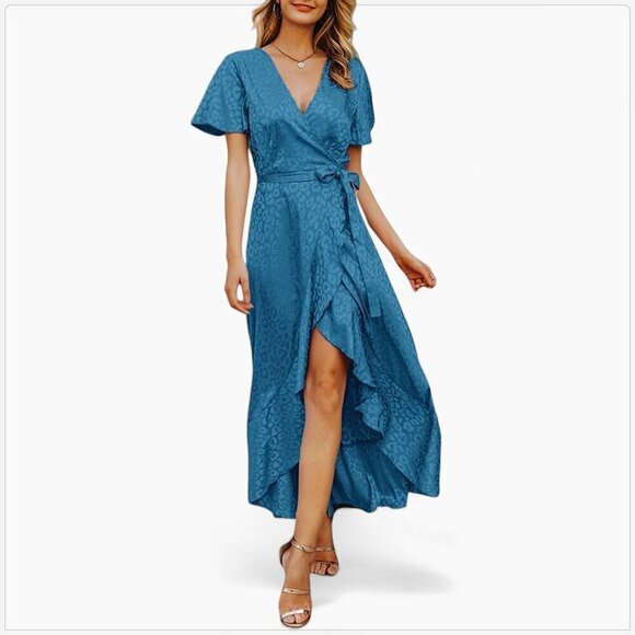 Simplee Blue Satin Leopard Jacquard Flutter Sleeve Ruffle Hem Wrap Dress NWT L - Picture 1 of 5